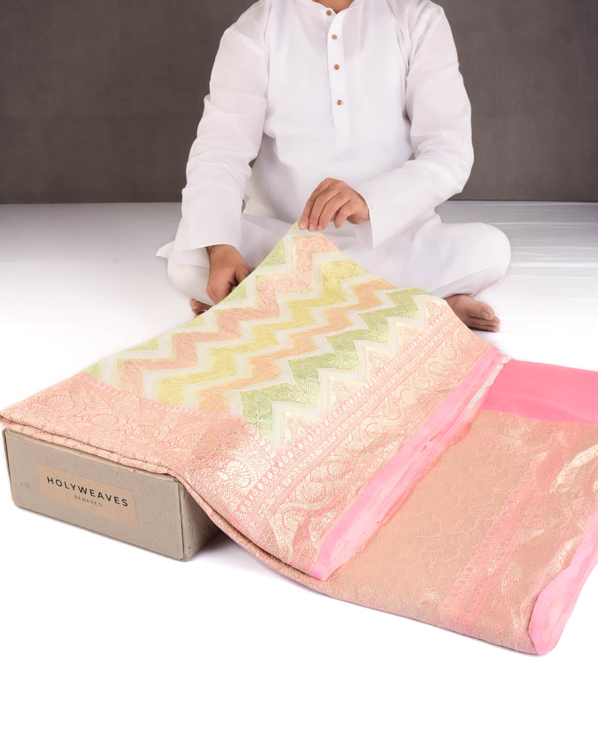 Ivory White Gold Zari Ornament Chevron Hand Brush Highlight Cutwork Brocade Handwoven Khaddi Georgette Banarasi Saree-HolyWeaves