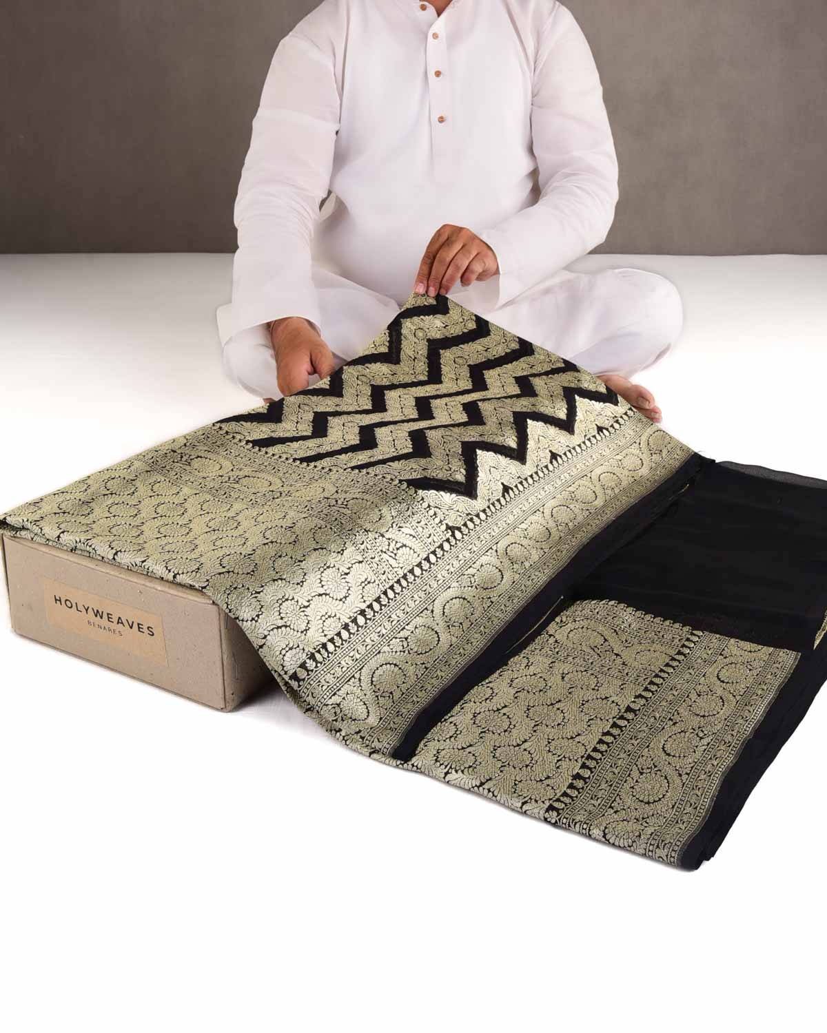 Black Gold Zari Ornament Chevron Cutwork Brocade Handwoven Khaddi Georgette Banarasi Saree-HolyWeaves