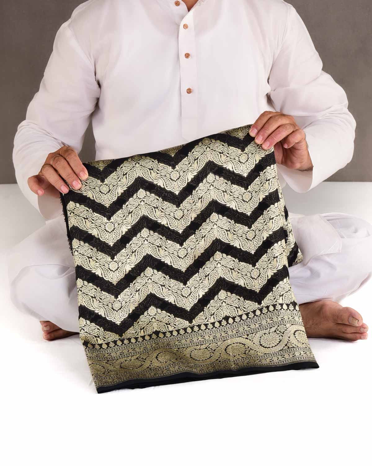 Black Gold Zari Ornament Chevron Cutwork Brocade Handwoven Khaddi Georgette Banarasi Saree-HolyWeaves