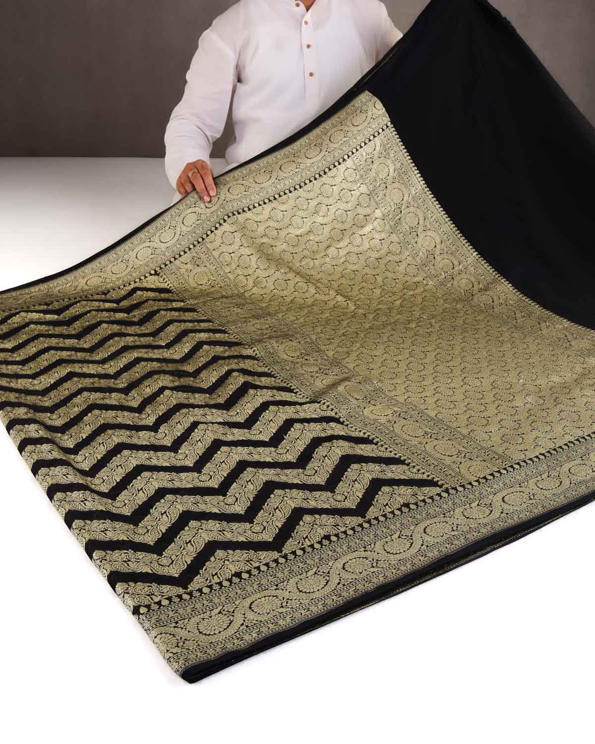 Black Gold Zari Ornament Chevron Cutwork Brocade Handwoven Khaddi Georgette Banarasi Saree-HolyWeaves