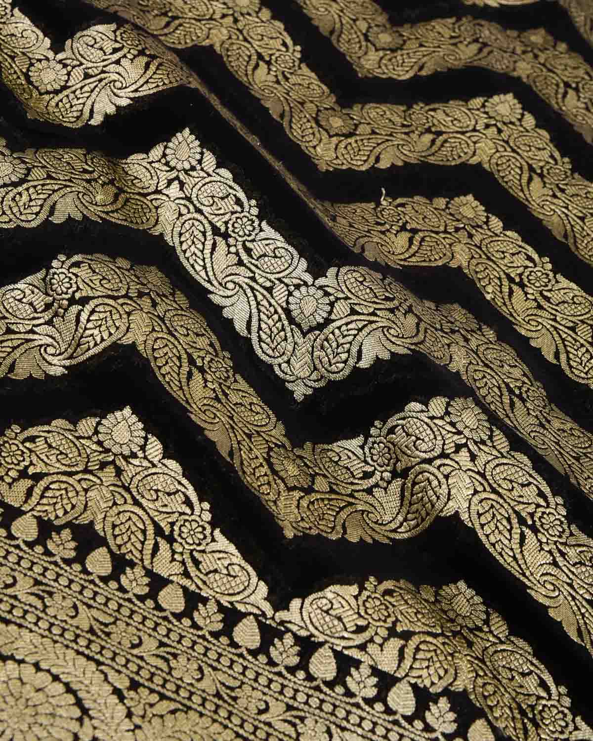 Black Gold Zari Ornament Chevron Cutwork Brocade Handwoven Khaddi Georgette Banarasi Saree-HolyWeaves