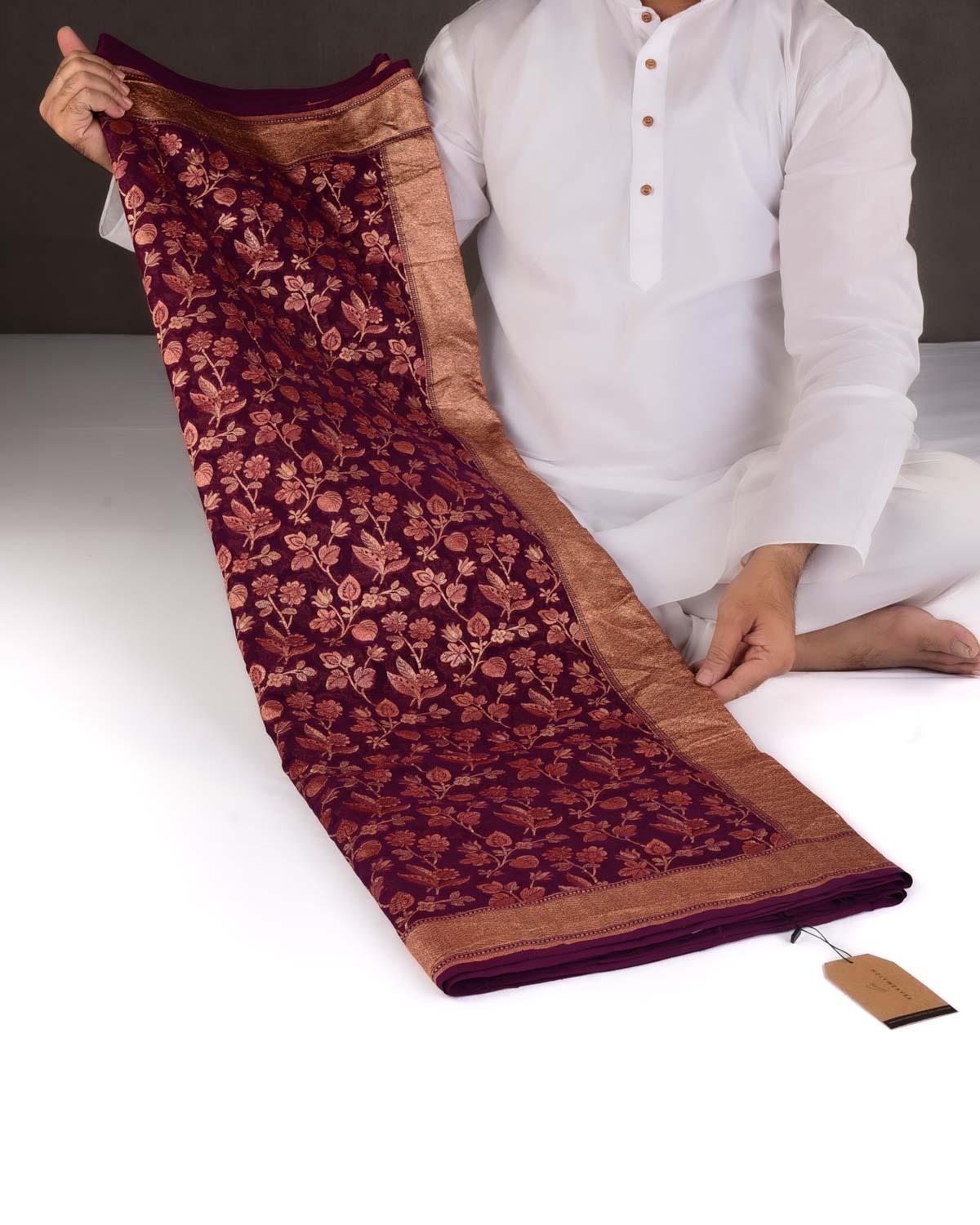 Burgundy Hand Brush Antique Zari Jaal Cutwork Brocade Handwoven Khaddi Georgette Banarasi Saree-HolyWeaves