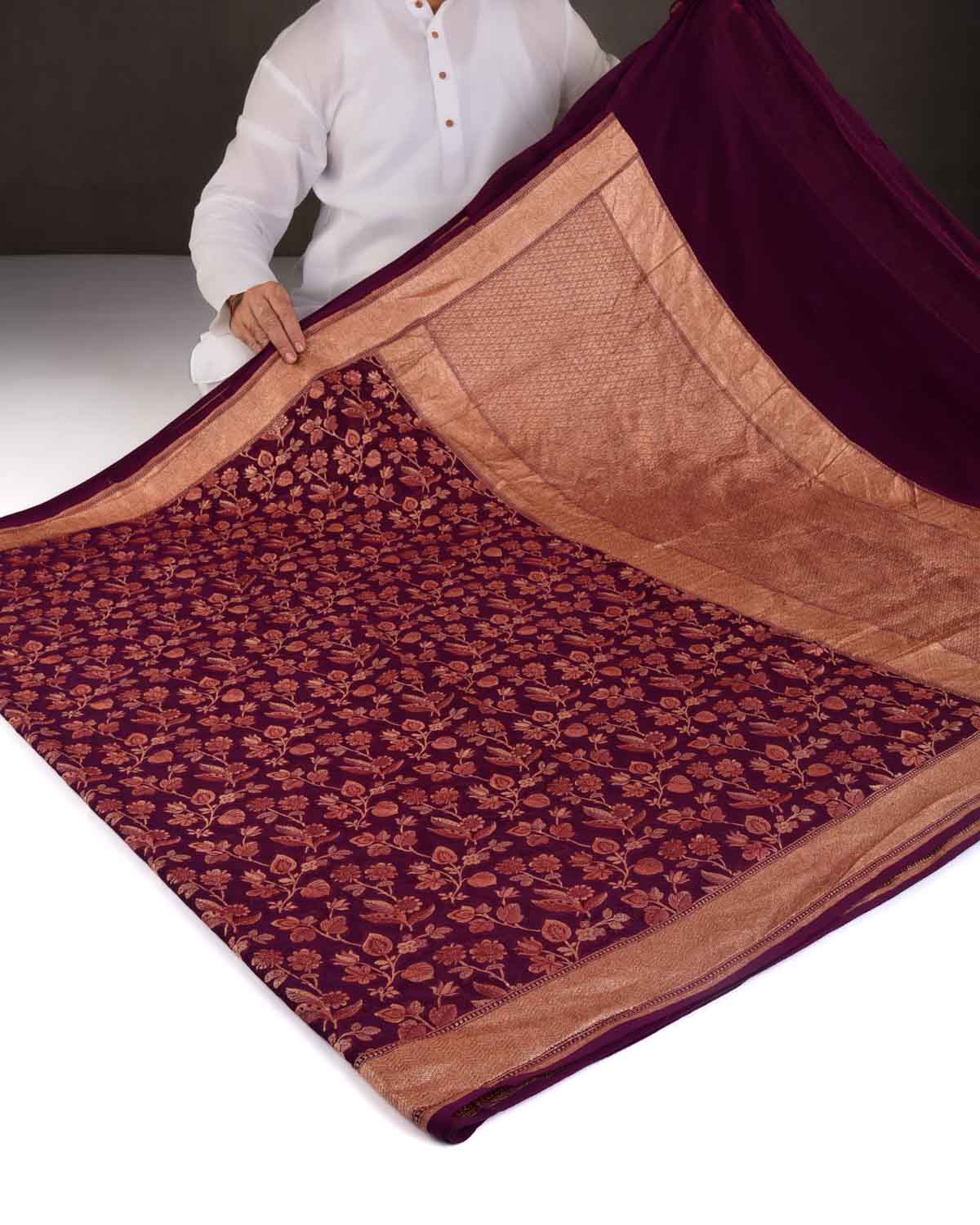 Burgundy Hand Brush Antique Zari Jaal Cutwork Brocade Handwoven Khaddi Georgette Banarasi Saree-HolyWeaves