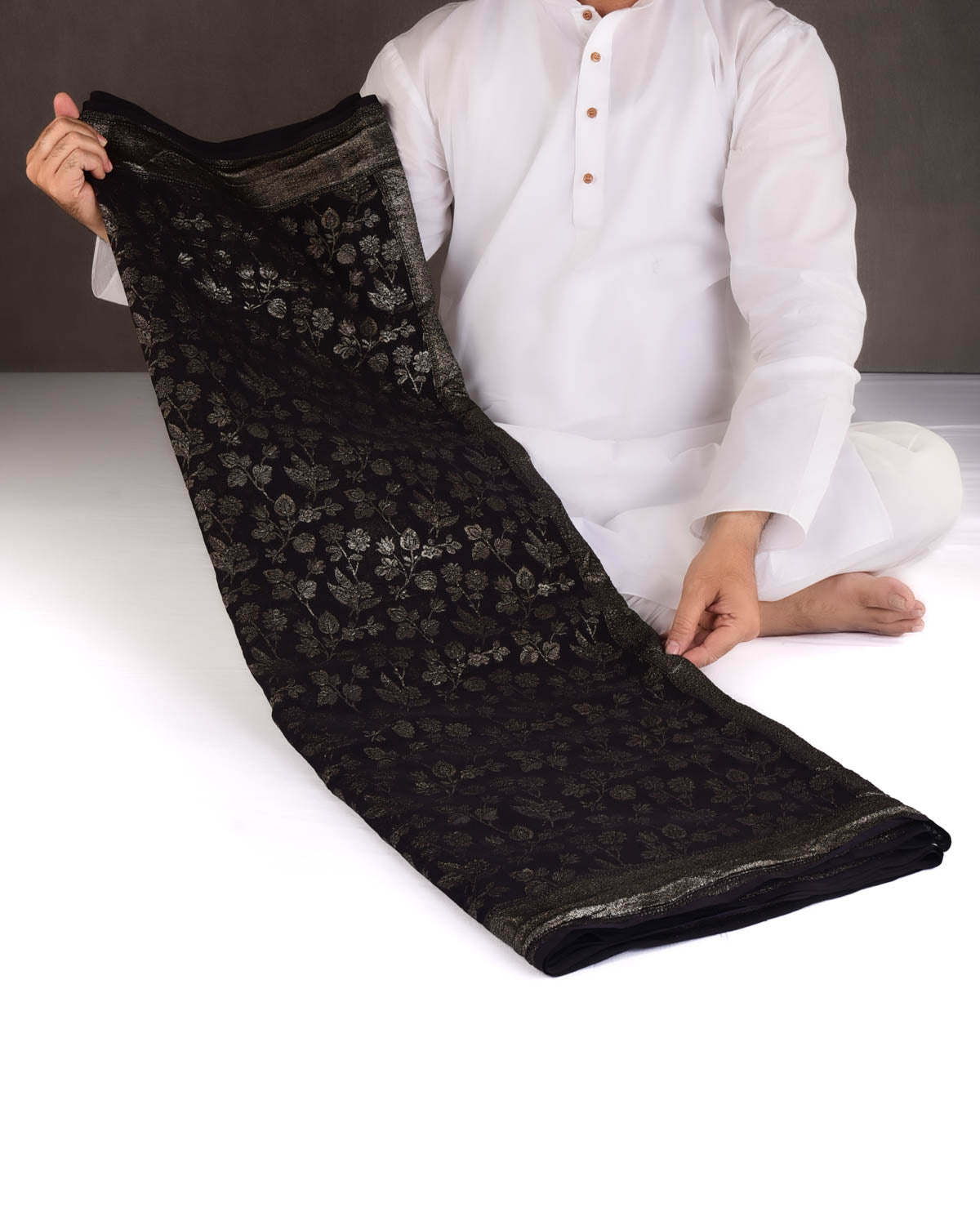Black Silver Zari Jaal Cutwork Brocade Handwoven Khaddi Georgette Banarasi Saree-HolyWeaves