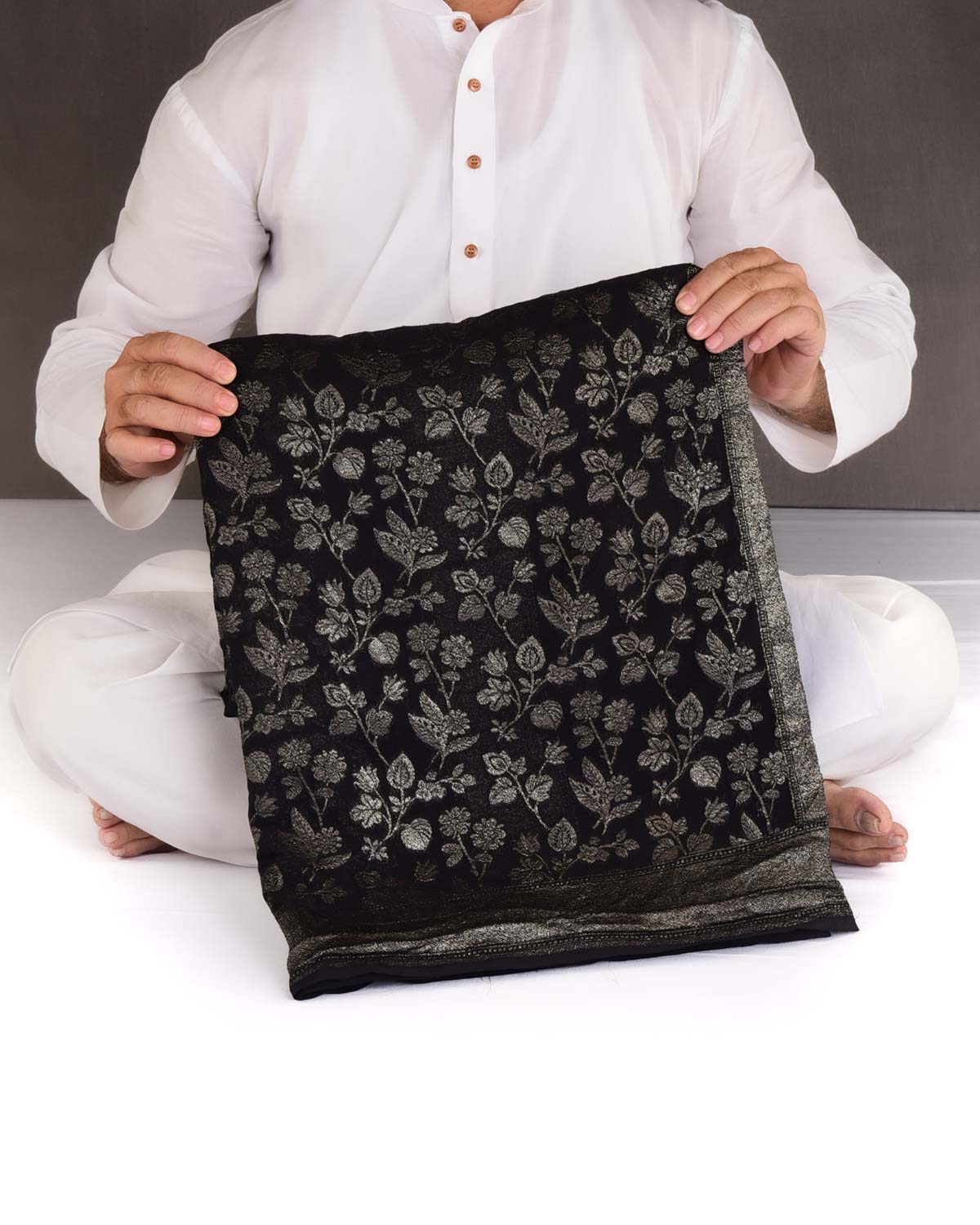 Black Silver Zari Jaal Cutwork Brocade Handwoven Khaddi Georgette Banarasi Saree-HolyWeaves