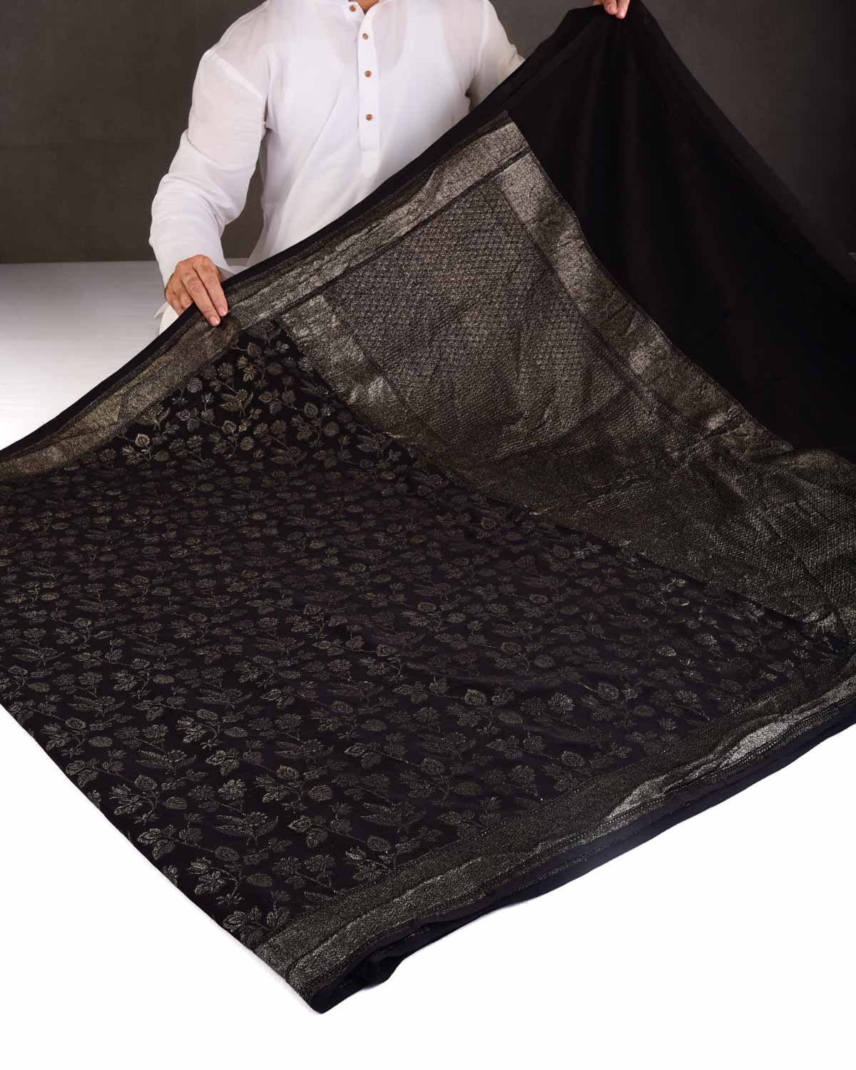 Black Silver Zari Jaal Cutwork Brocade Handwoven Khaddi Georgette Banarasi Saree-HolyWeaves