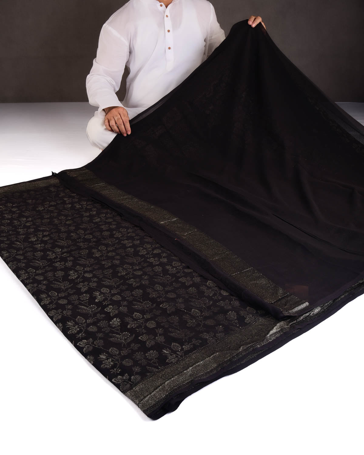 Black Silver Zari Jaal Cutwork Brocade Handwoven Khaddi Georgette Banarasi Saree-HolyWeaves