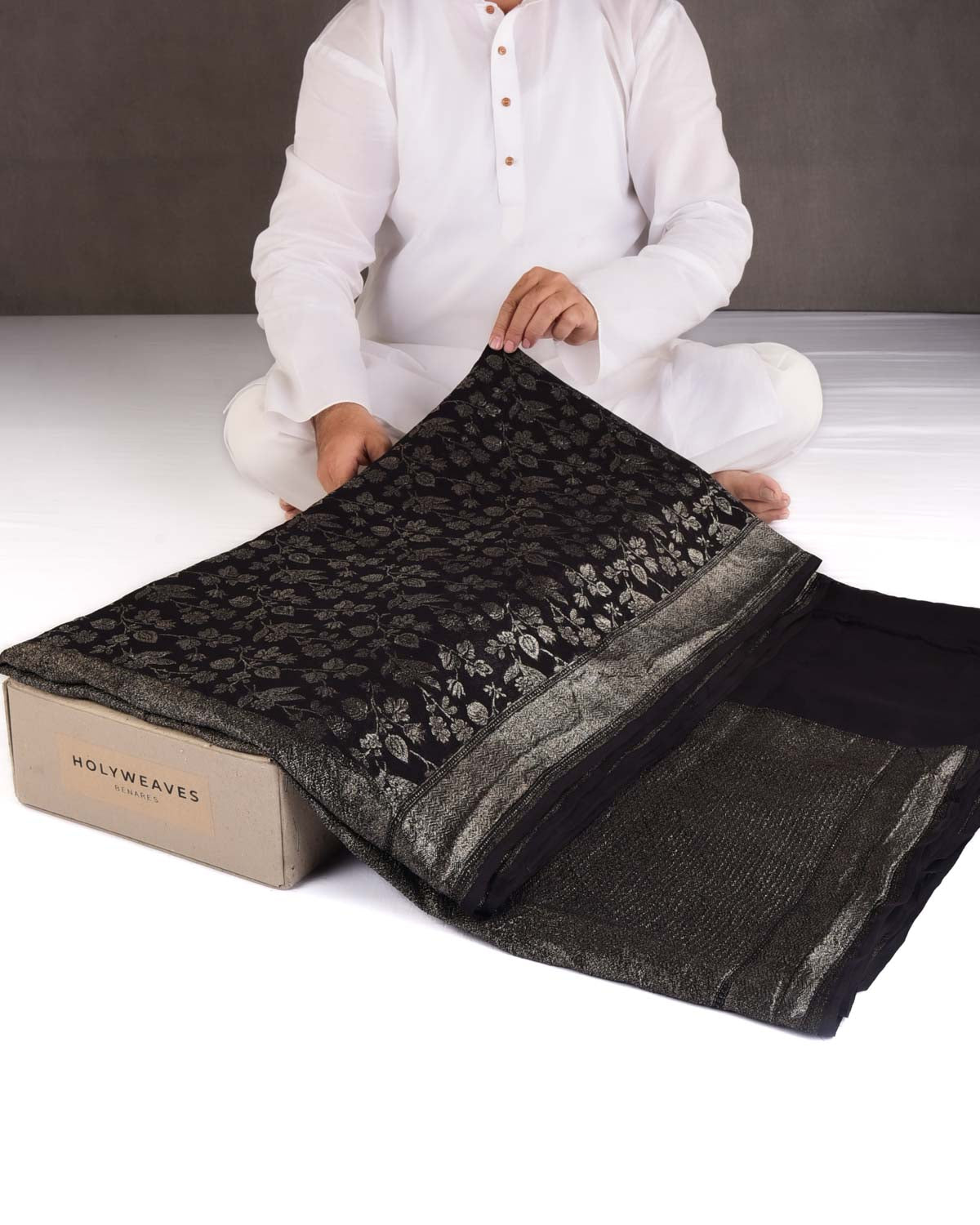Black Silver Zari Jaal Cutwork Brocade Handwoven Khaddi Georgette Banarasi Saree-HolyWeaves