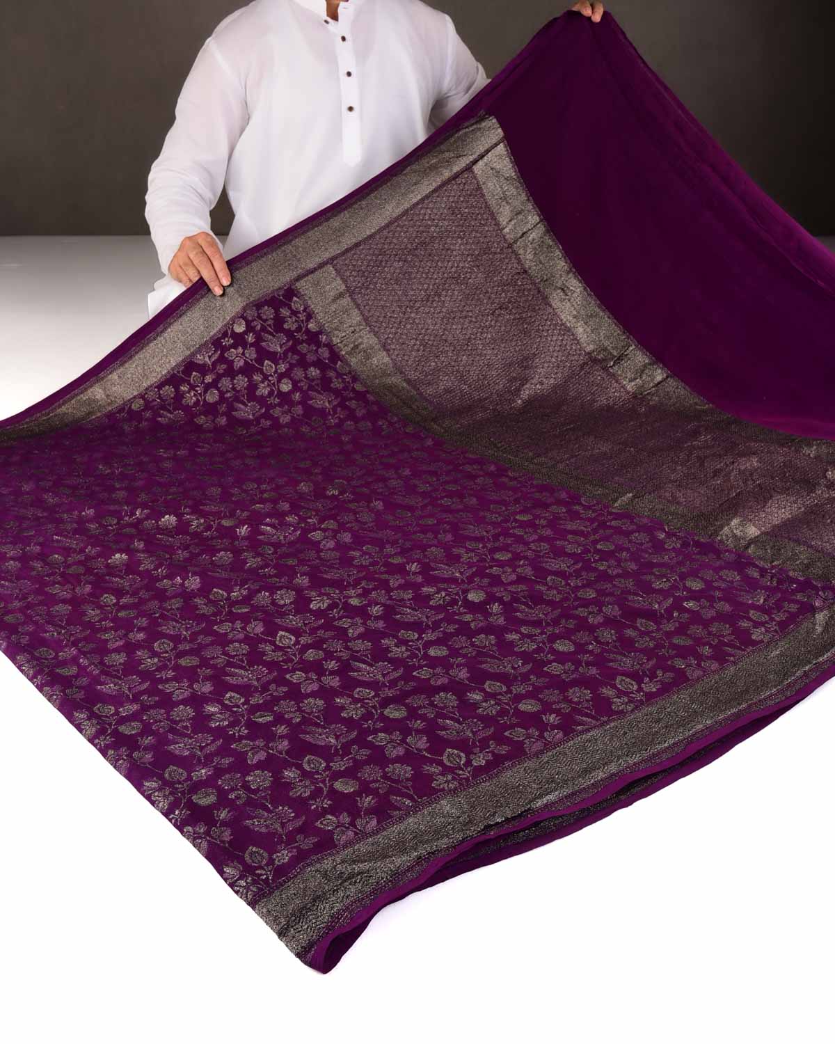 Byzantium Purple Silver Zari Jaal Cutwork Brocade Handwoven Khaddi Georgette Banarasi Saree-HolyWeaves