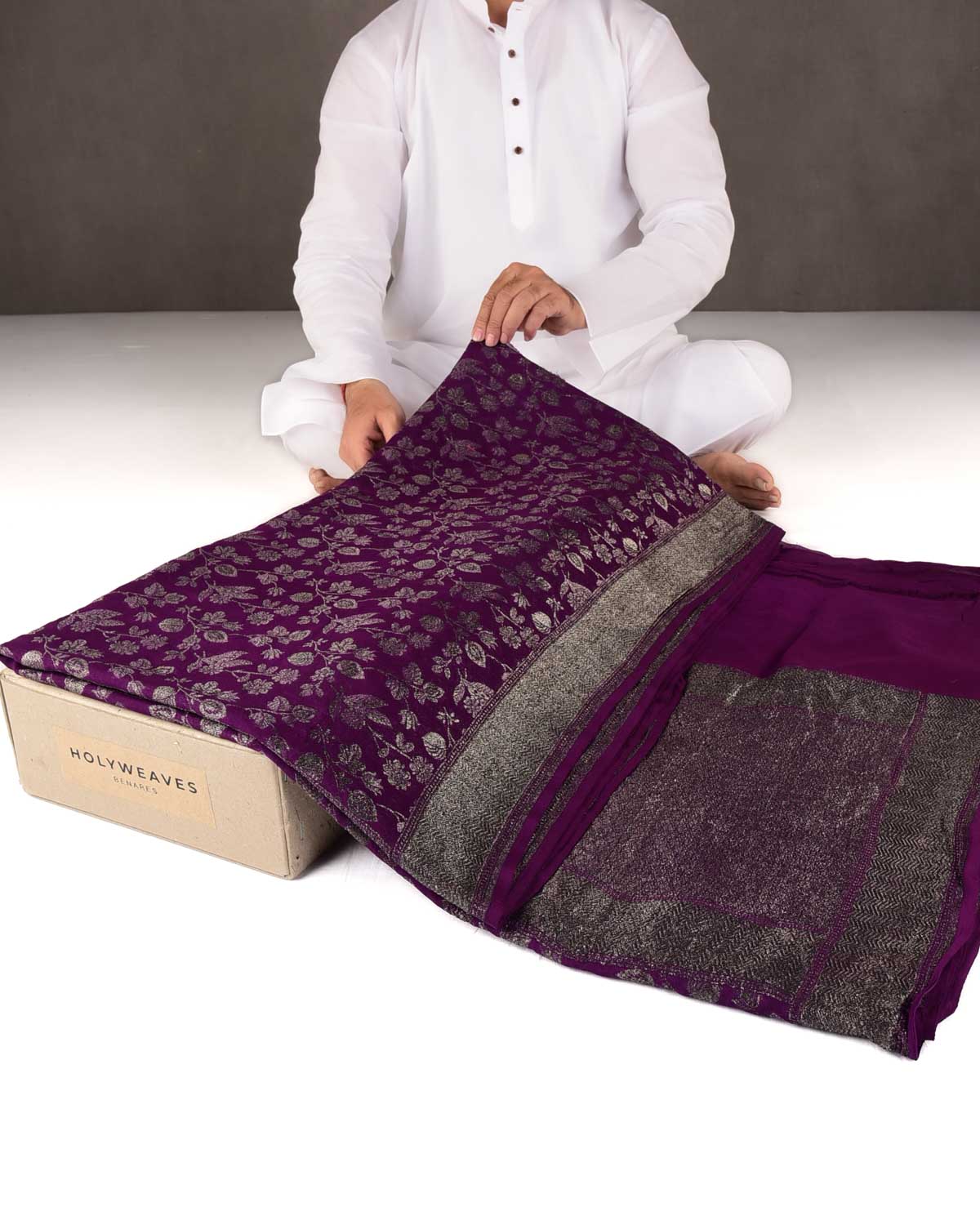 Byzantium Purple Silver Zari Jaal Cutwork Brocade Handwoven Khaddi Georgette Banarasi Saree-HolyWeaves