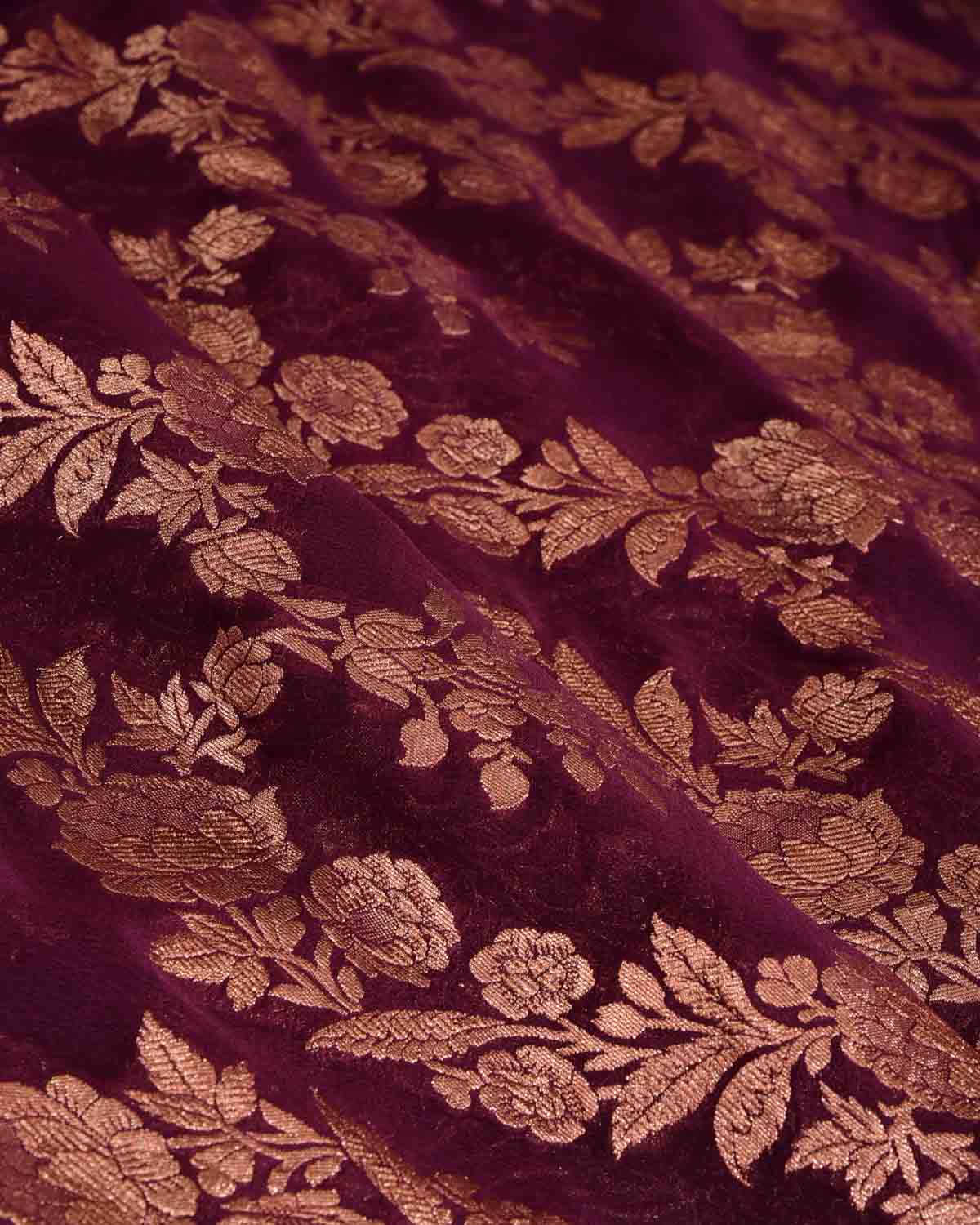 Burgundy Rose Gold Zari Gulab Jaal Cutwork Brocade Handwoven Khaddi Georgette Banarasi Saree-HolyWeaves