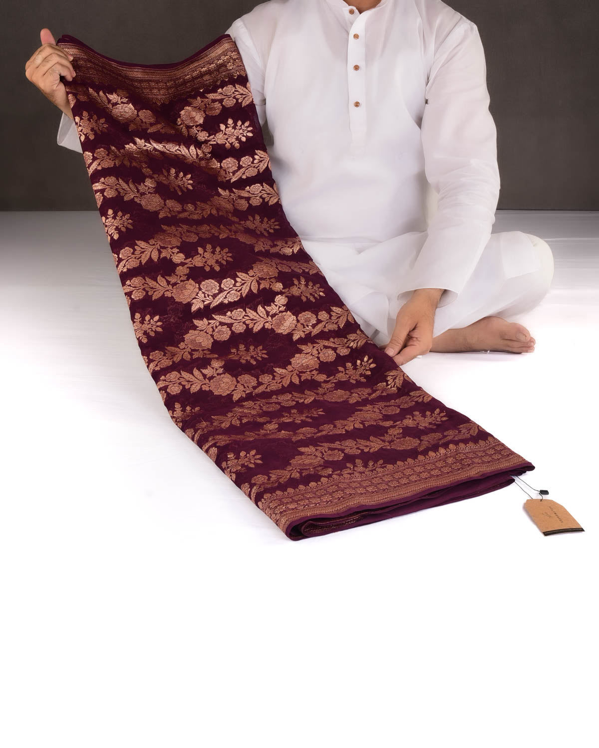 Burgundy Rose Gold Zari Gulab Jaal Cutwork Brocade Handwoven Khaddi Georgette Banarasi Saree-HolyWeaves