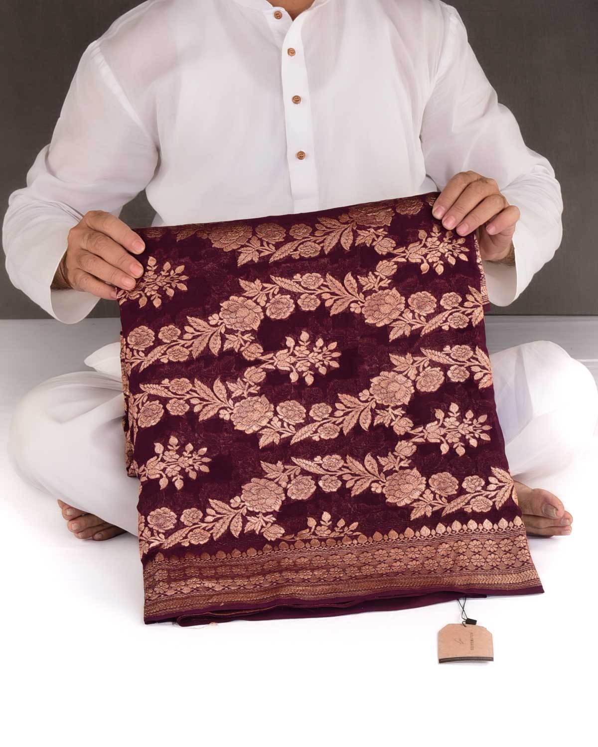 Burgundy Rose Gold Zari Gulab Jaal Cutwork Brocade Handwoven Khaddi Georgette Banarasi Saree-HolyWeaves
