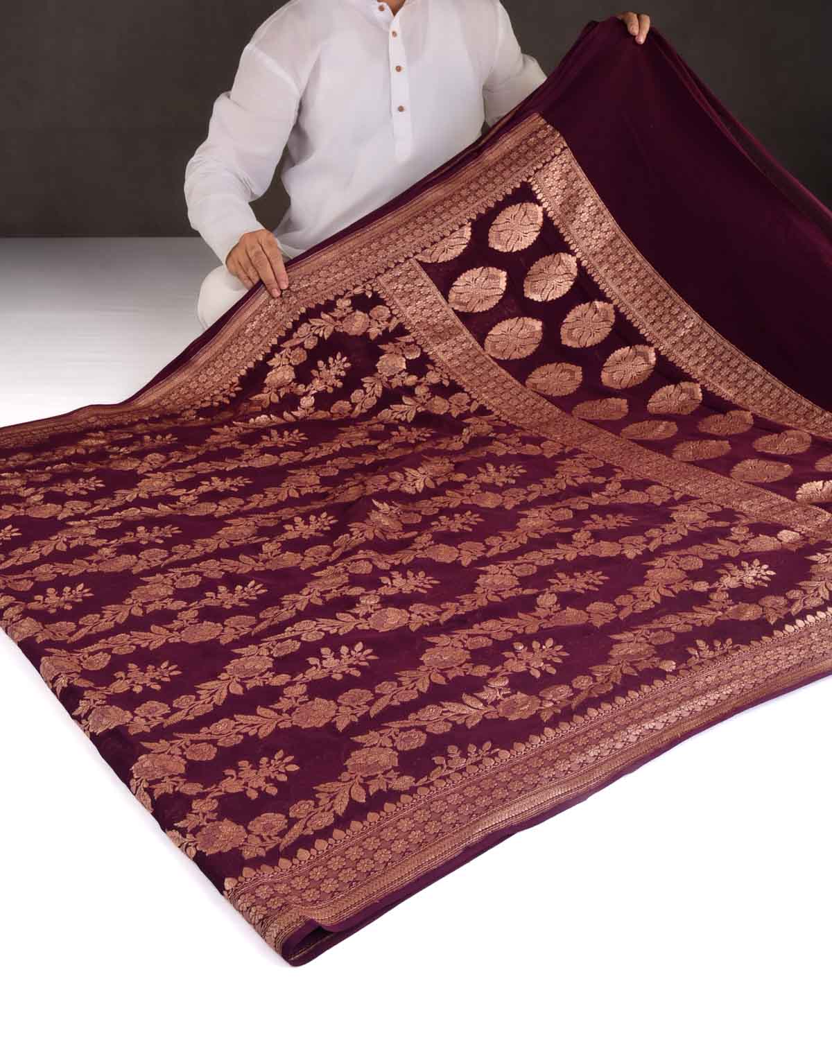 Burgundy Rose Gold Zari Gulab Jaal Cutwork Brocade Handwoven Khaddi Georgette Banarasi Saree-HolyWeaves