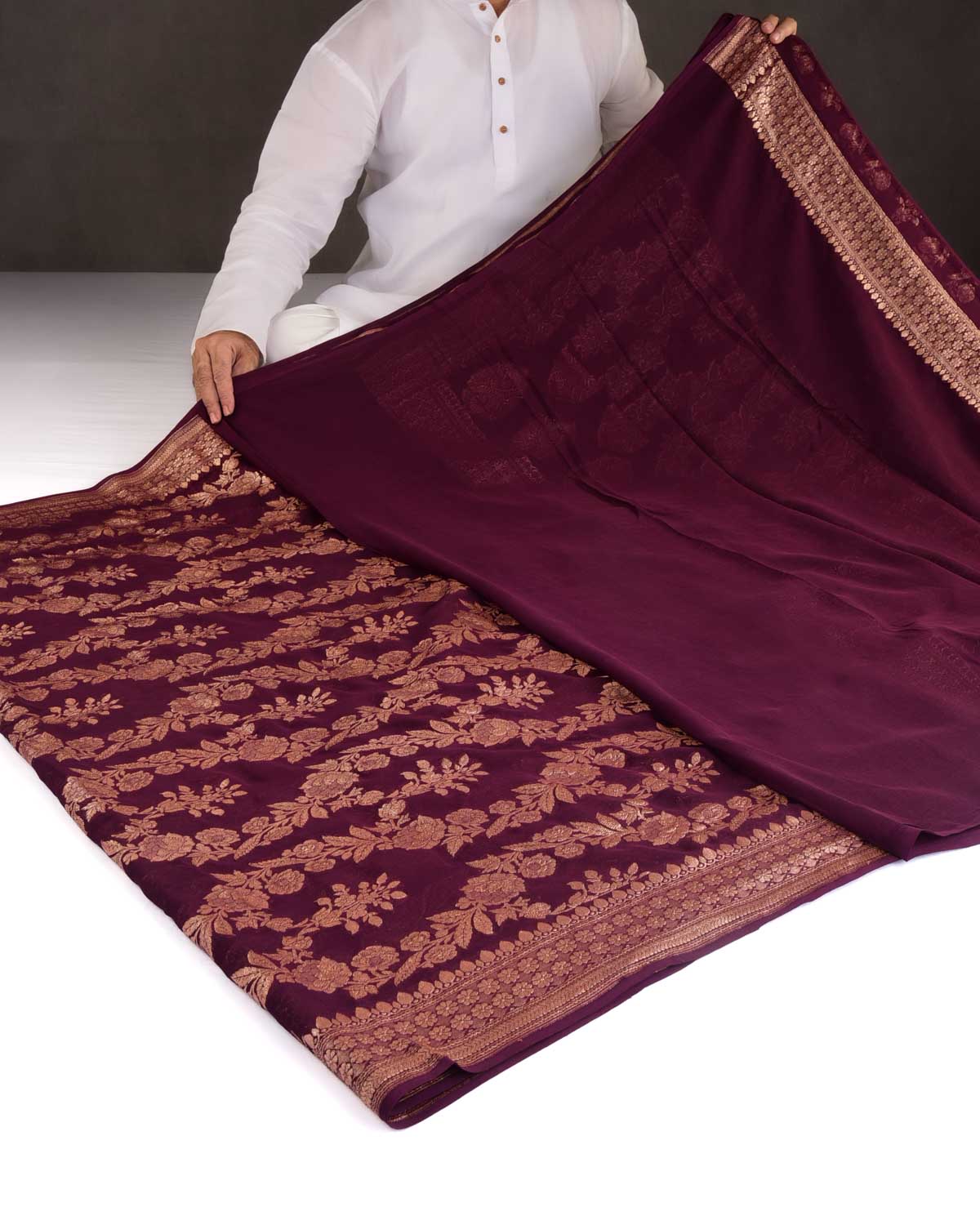 Burgundy Rose Gold Zari Gulab Jaal Cutwork Brocade Handwoven Khaddi Georgette Banarasi Saree-HolyWeaves