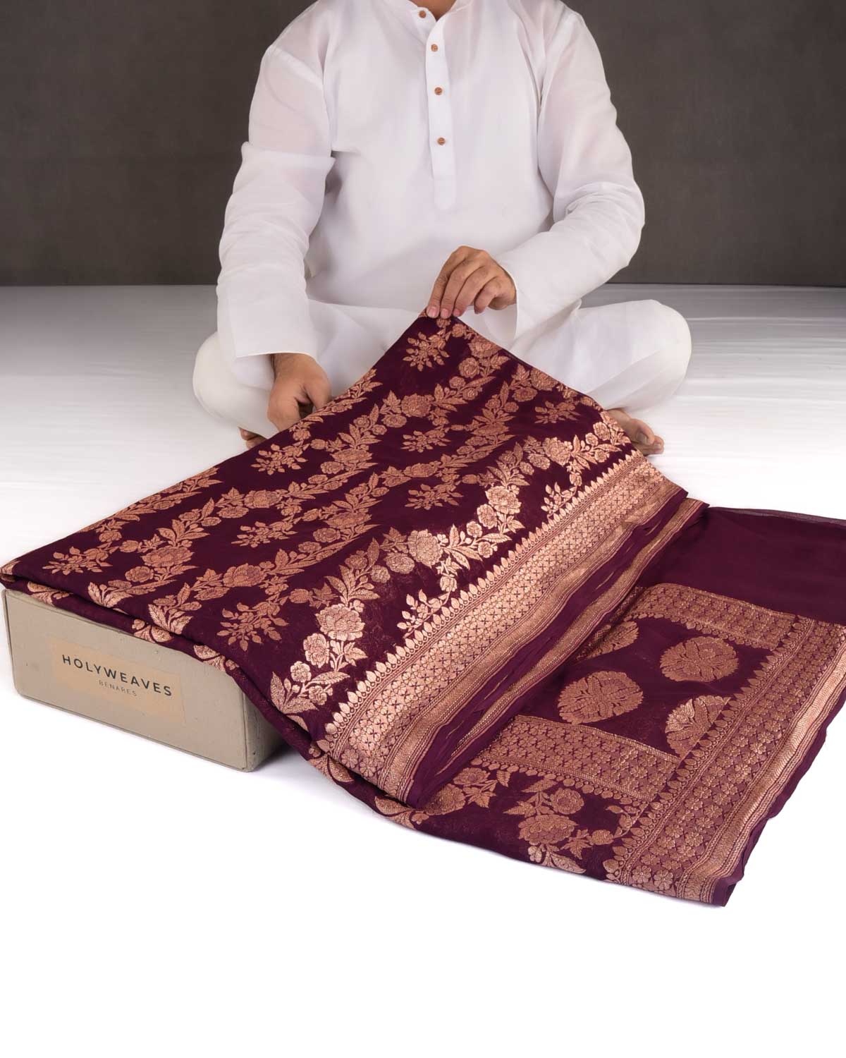 Burgundy Rose Gold Zari Gulab Jaal Cutwork Brocade Handwoven Khaddi Georgette Banarasi Saree-HolyWeaves