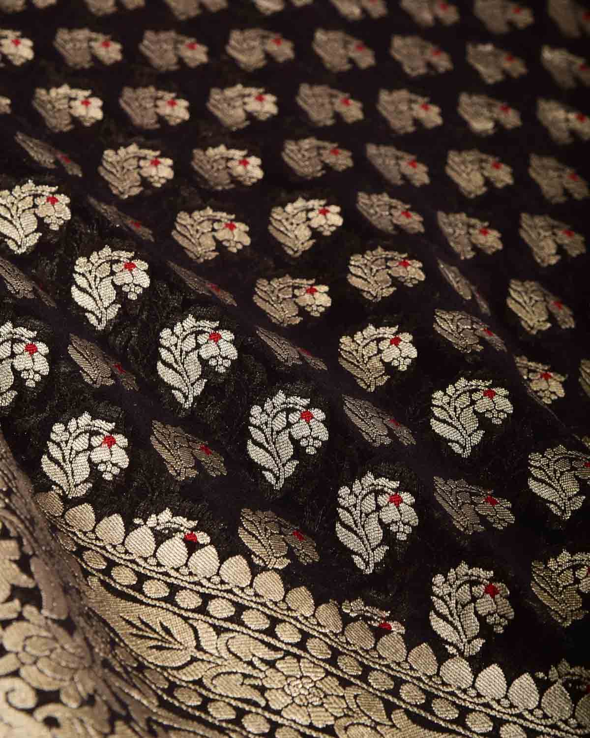 Black Gold Zari Red Meena Paisley Cutwork Brocade Handwoven Khaddi Georgette Banarasi Saree-HolyWeaves