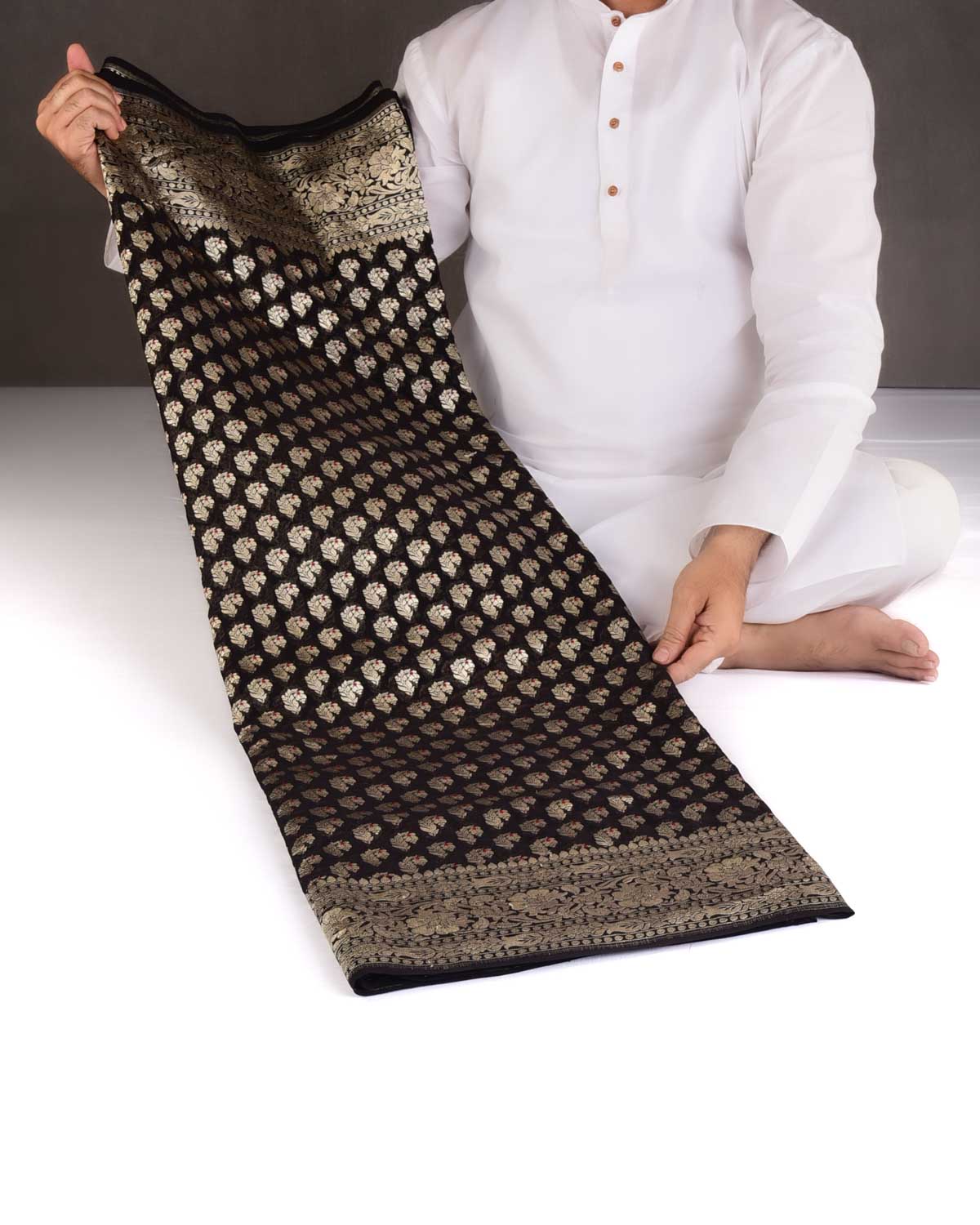 Black Gold Zari Red Meena Paisley Cutwork Brocade Handwoven Khaddi Georgette Banarasi Saree-HolyWeaves