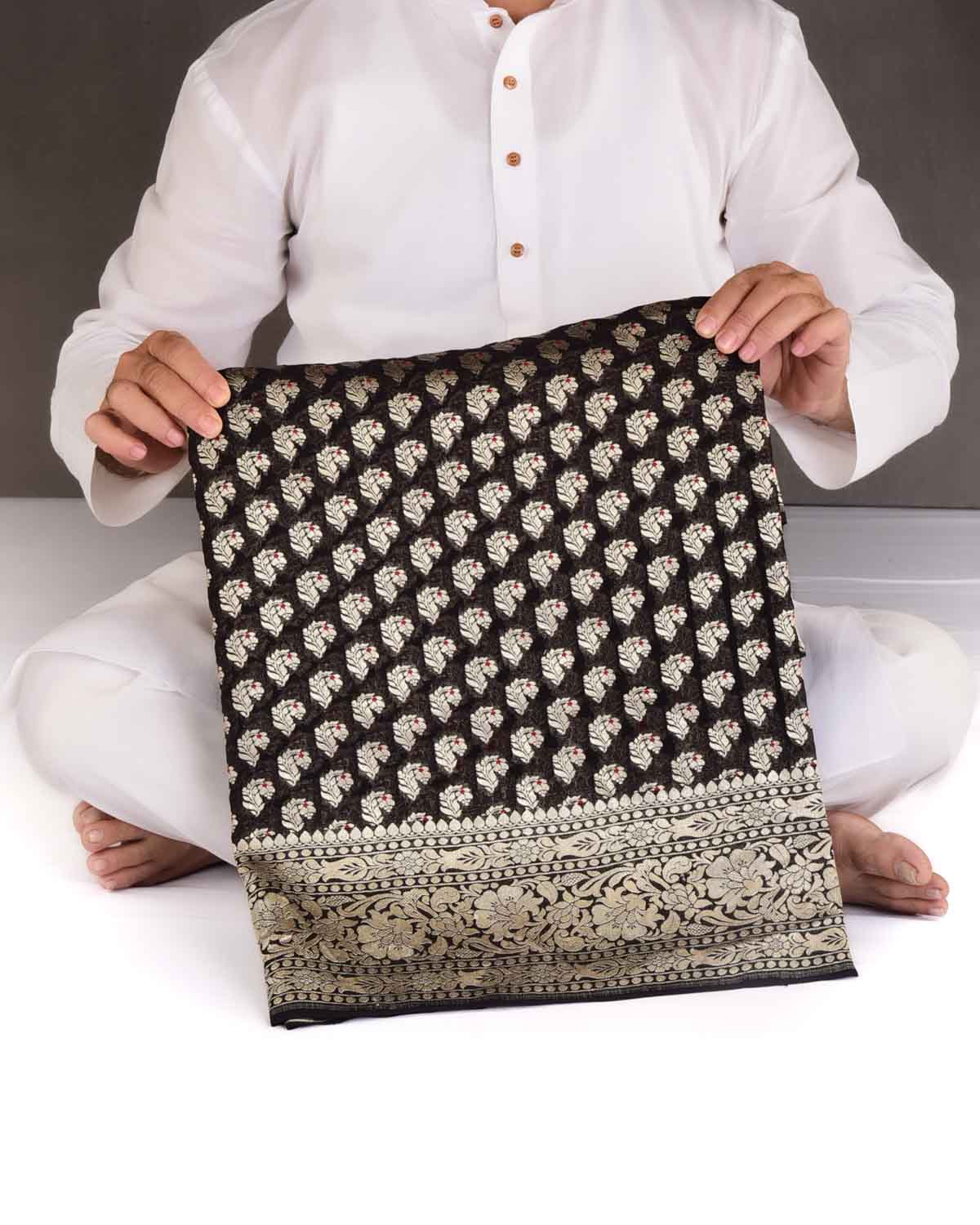 Black Gold Zari Red Meena Paisley Cutwork Brocade Handwoven Khaddi Georgette Banarasi Saree-HolyWeaves