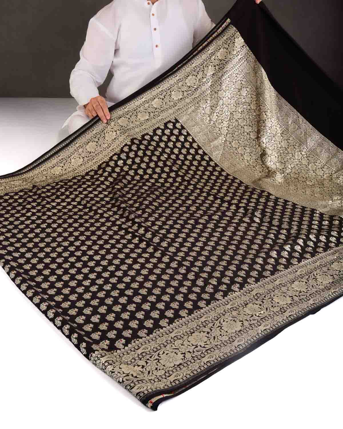 Black Gold Zari Red Meena Paisley Cutwork Brocade Handwoven Khaddi Georgette Banarasi Saree-HolyWeaves