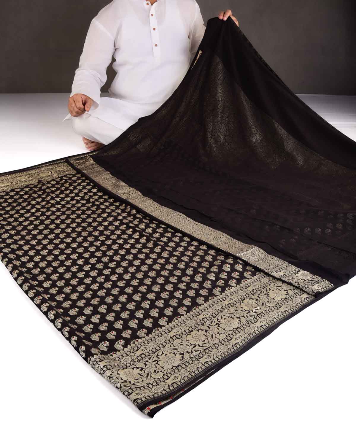 Black Gold Zari Red Meena Paisley Cutwork Brocade Handwoven Khaddi Georgette Banarasi Saree-HolyWeaves
