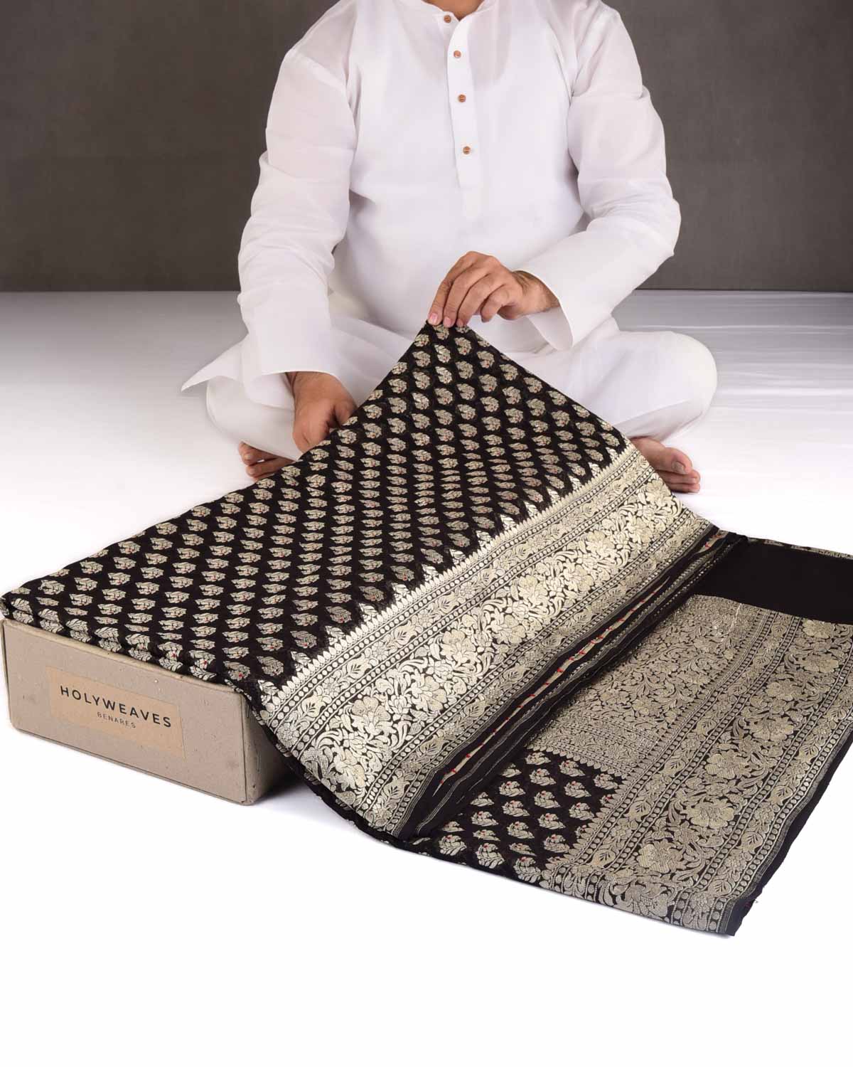 Black Gold Zari Red Meena Paisley Cutwork Brocade Handwoven Khaddi Georgette Banarasi Saree-HolyWeaves