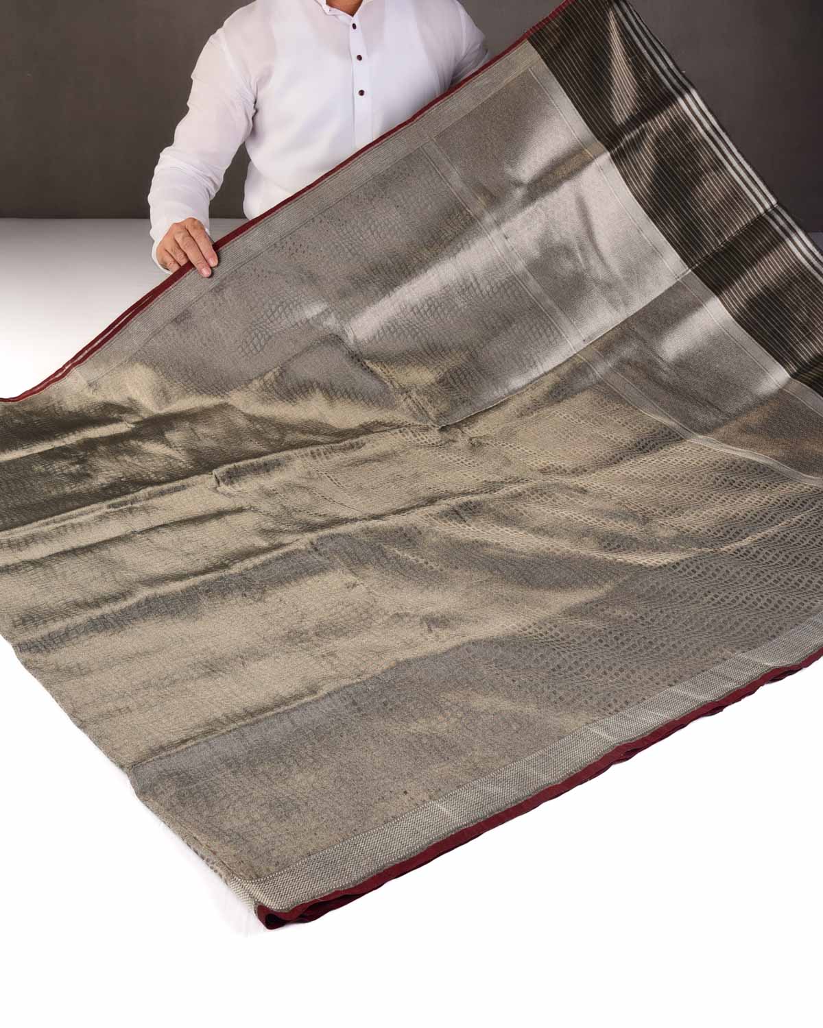 Metallic Silver Gray Illusion Brocade Handwoven Tissue Banarasi Saree-HolyWeaves
