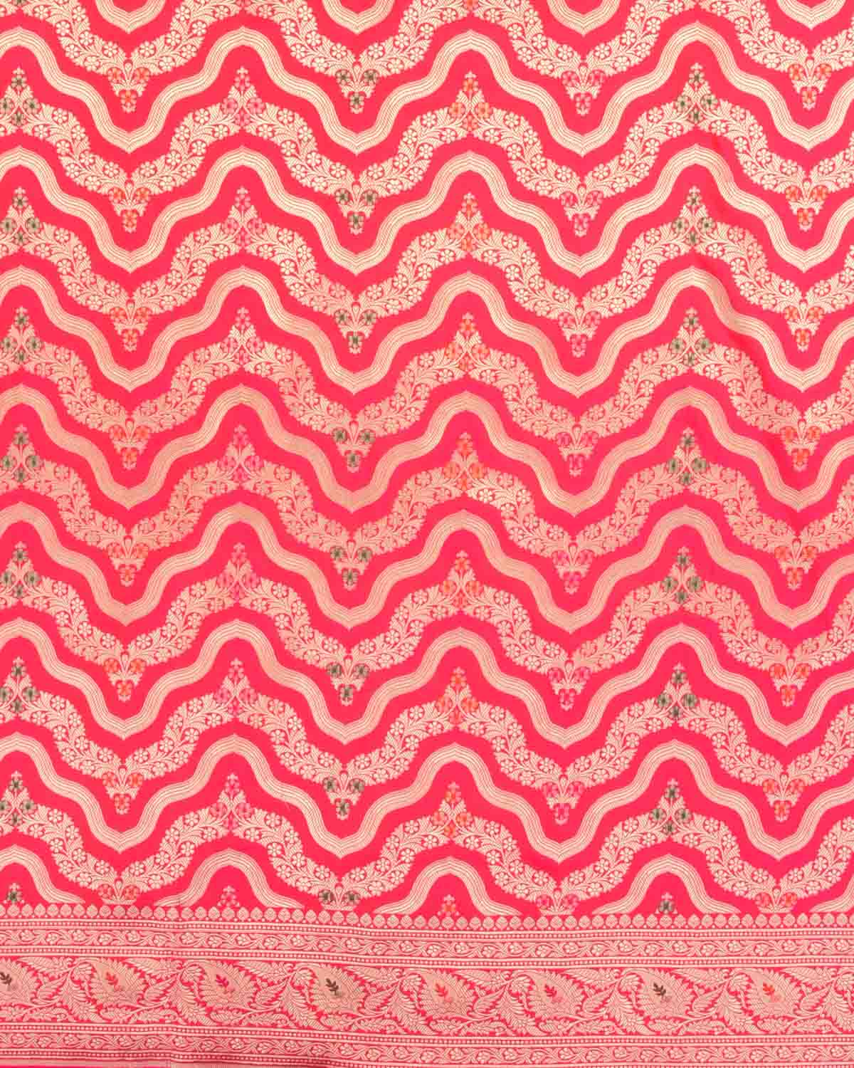 Shot Pink-Orange Banarasi Gold Zari & Meenekari Ornament Waves Cutwork Brocade Handwoven Katan Silk Saree-HolyWeaves