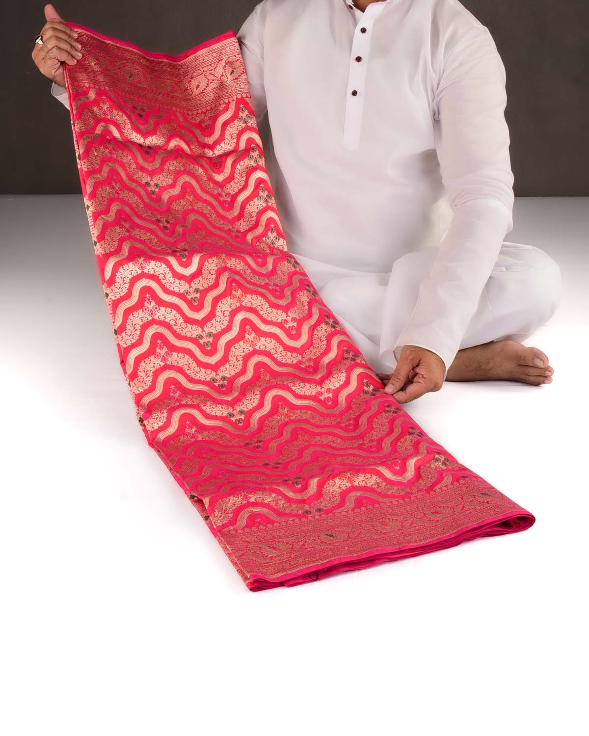 Shot Pink-Orange Banarasi Gold Zari & Meenekari Ornament Waves Cutwork Brocade Handwoven Katan Silk Saree-HolyWeaves