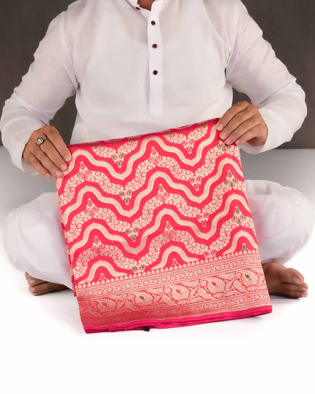 Shot Pink-Orange Banarasi Gold Zari & Meenekari Ornament Waves Cutwork Brocade Handwoven Katan Silk Saree-HolyWeaves