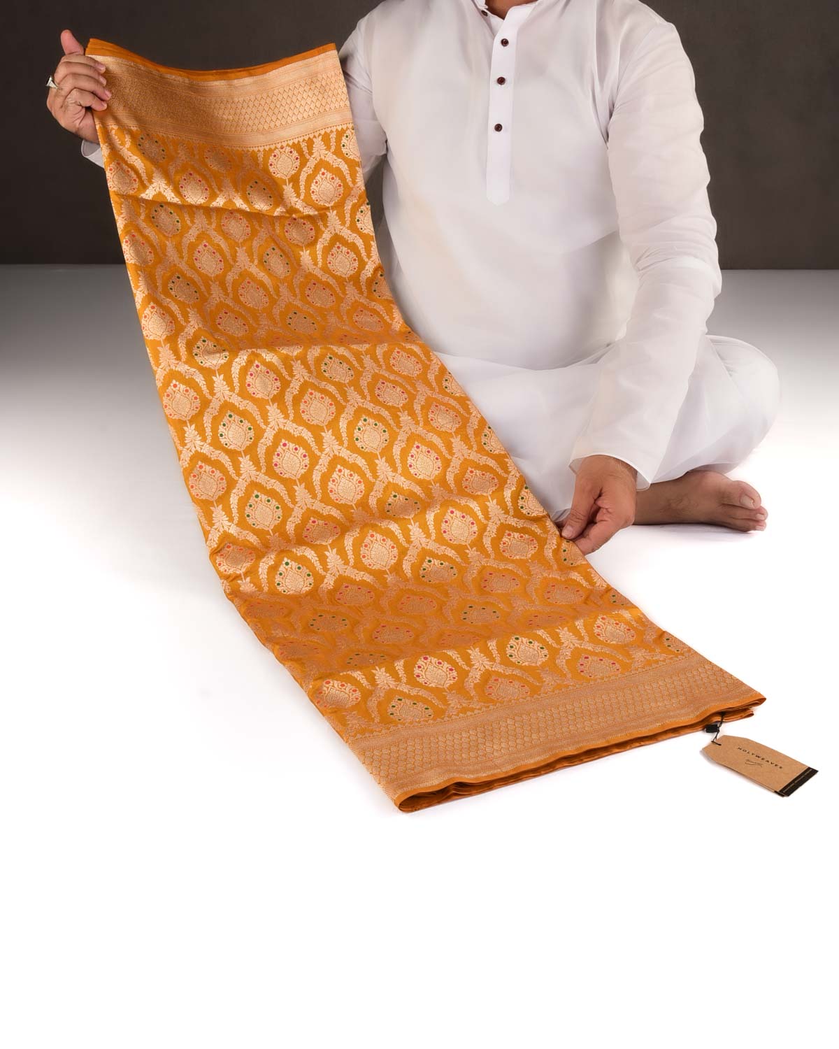 Mustard Yellow Banarasi Gold Zari & Meenekari Jangla Cutwork Brocade Handwoven Katan Silk Saree-HolyWeaves