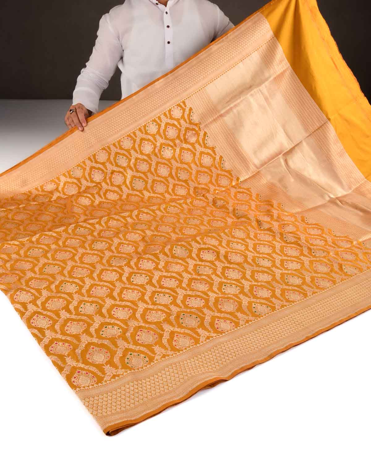 Mustard Yellow Banarasi Gold Zari & Meenekari Jangla Cutwork Brocade Handwoven Katan Silk Saree-HolyWeaves