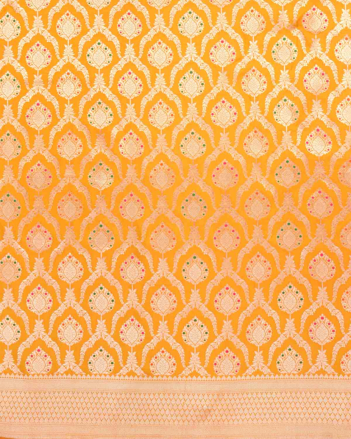 Mustard Yellow Banarasi Gold Zari & Meenekari Jangla Cutwork Brocade Handwoven Katan Silk Saree-HolyWeaves