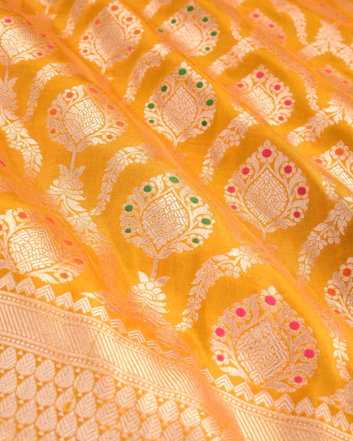 Mustard Yellow Banarasi Gold Zari & Meenekari Jangla Cutwork Brocade Handwoven Katan Silk Saree-HolyWeaves