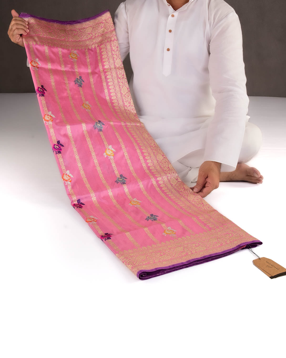 Thulian Pink Banarasi Gold Zari Stripes And Meenekari Gulab Kadhuan Brocade Handwoven Katan Silk Saree-HolyWeaves