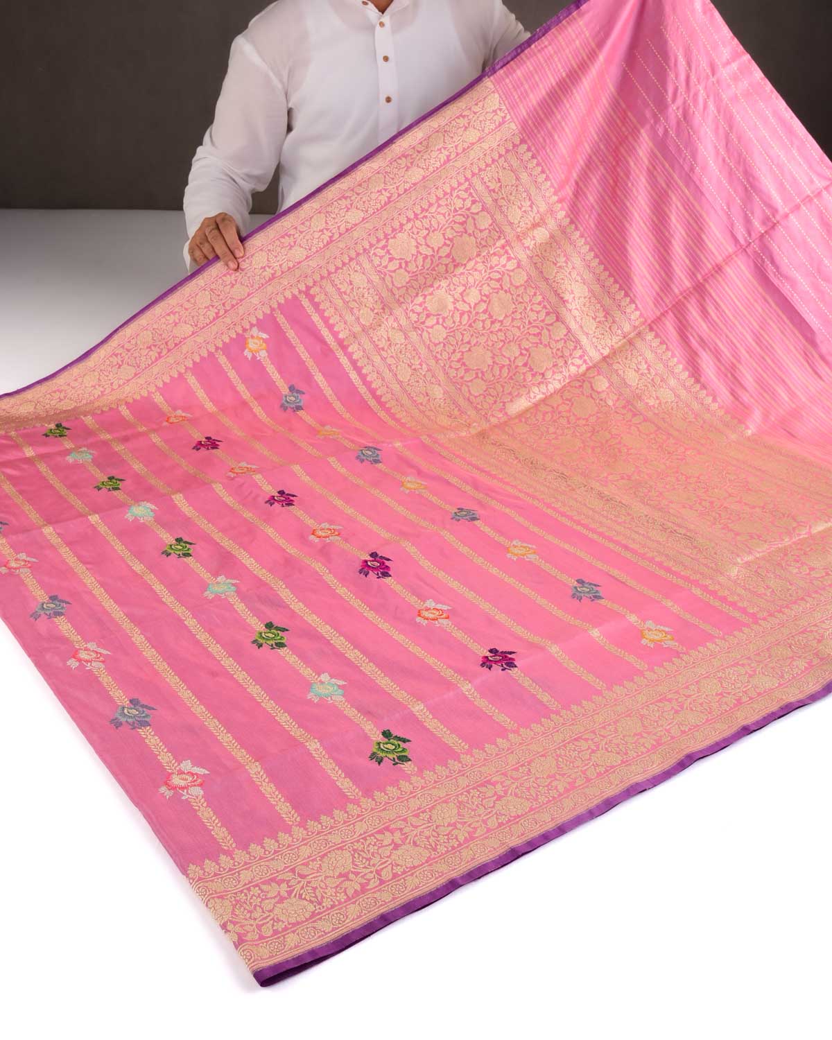Thulian Pink Banarasi Gold Zari Stripes And Meenekari Gulab Kadhuan Brocade Handwoven Katan Silk Saree-HolyWeaves
