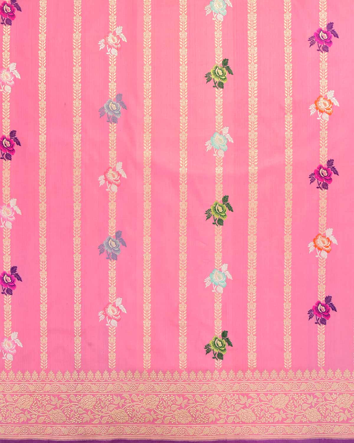 Thulian Pink Banarasi Gold Zari Stripes And Meenekari Gulab Kadhuan Brocade Handwoven Katan Silk Saree-HolyWeaves