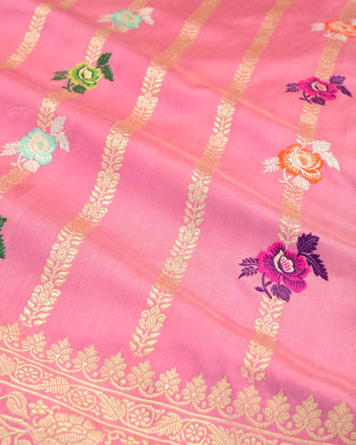 Thulian Pink Banarasi Gold Zari Stripes And Meenekari Gulab Kadhuan Brocade Handwoven Katan Silk Saree-HolyWeaves