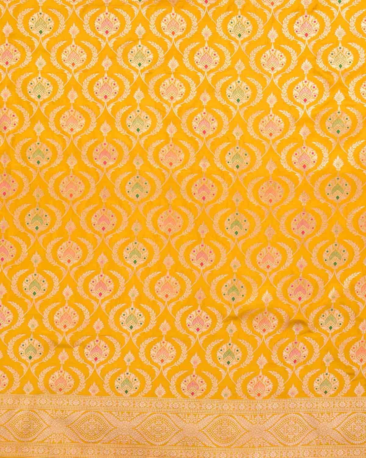 Yellow Banarasi Gold Zari And Meena Mughal Damask Cutwork Brocade Handwoven Katan Silk Saree-HolyWeaves