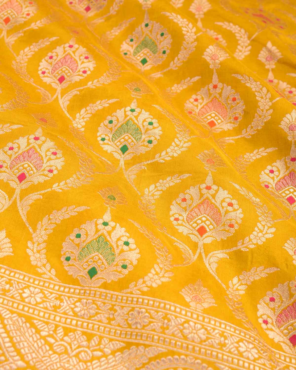 Yellow Banarasi Gold Zari And Meena Mughal Damask Cutwork Brocade Handwoven Katan Silk Saree-HolyWeaves