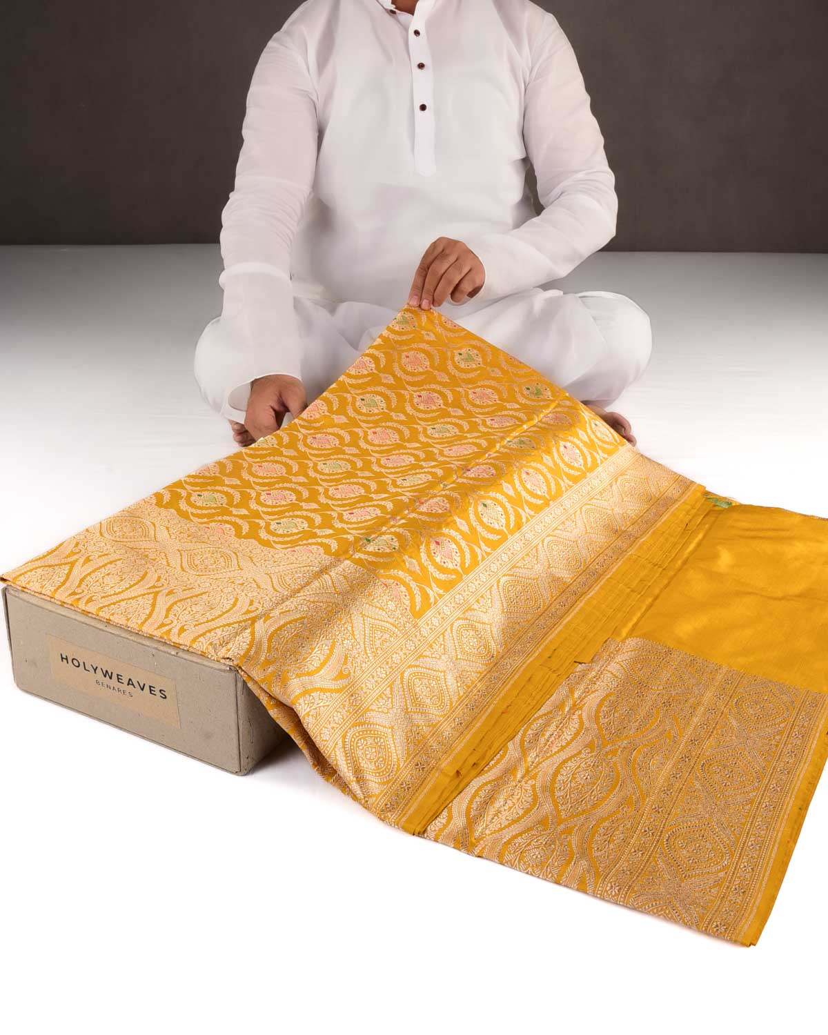 Yellow Banarasi Gold Zari And Meena Mughal Damask Cutwork Brocade Handwoven Katan Silk Saree-HolyWeaves
