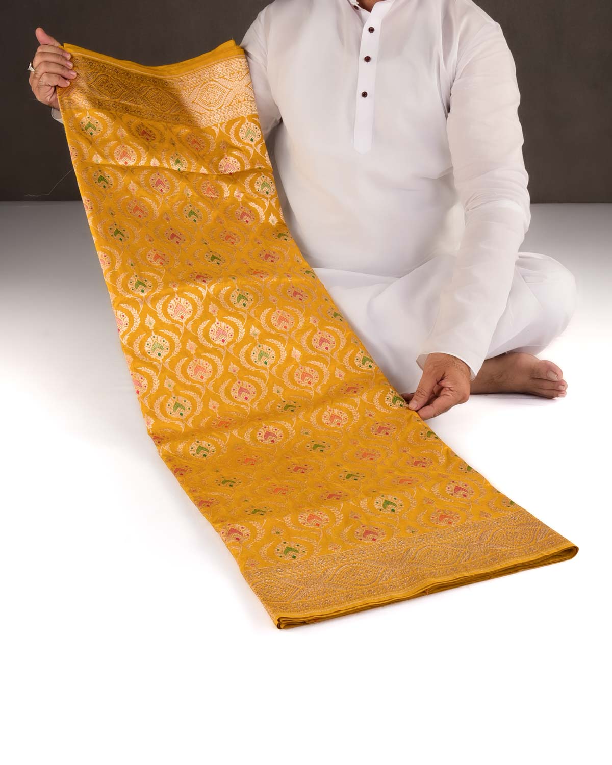 Yellow Banarasi Gold Zari And Meena Mughal Damask Cutwork Brocade Handwoven Katan Silk Saree-HolyWeaves