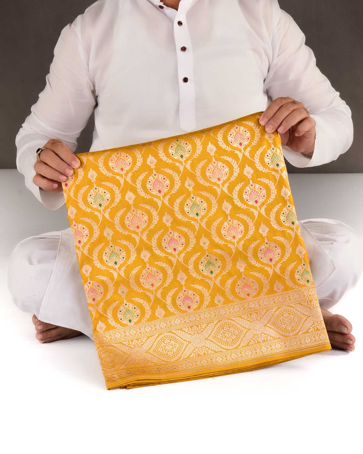 Yellow Banarasi Gold Zari And Meena Mughal Damask Cutwork Brocade Handwoven Katan Silk Saree-HolyWeaves