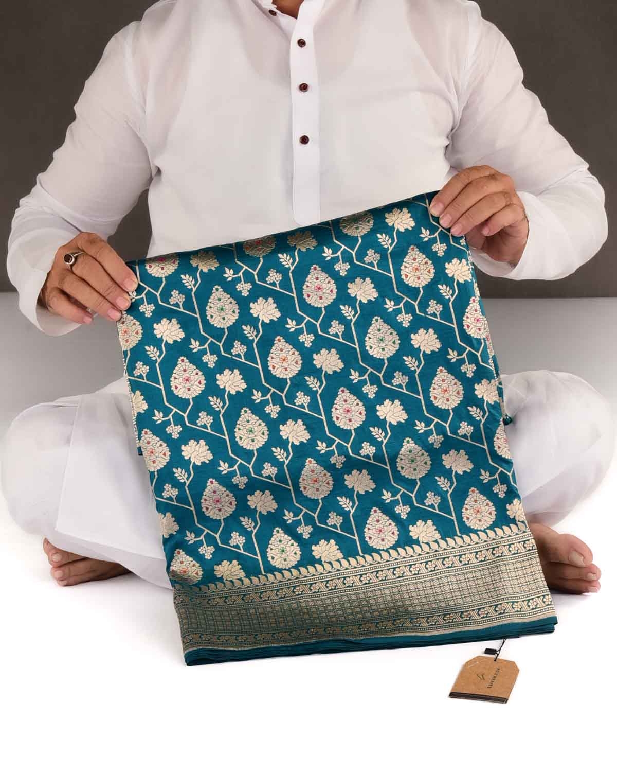 Shot Teal Blue Gold Zari And Meena Mughal Damask Cutwork Brocade Handwoven Katan Silk Banarasi Saree-HolyWeaves