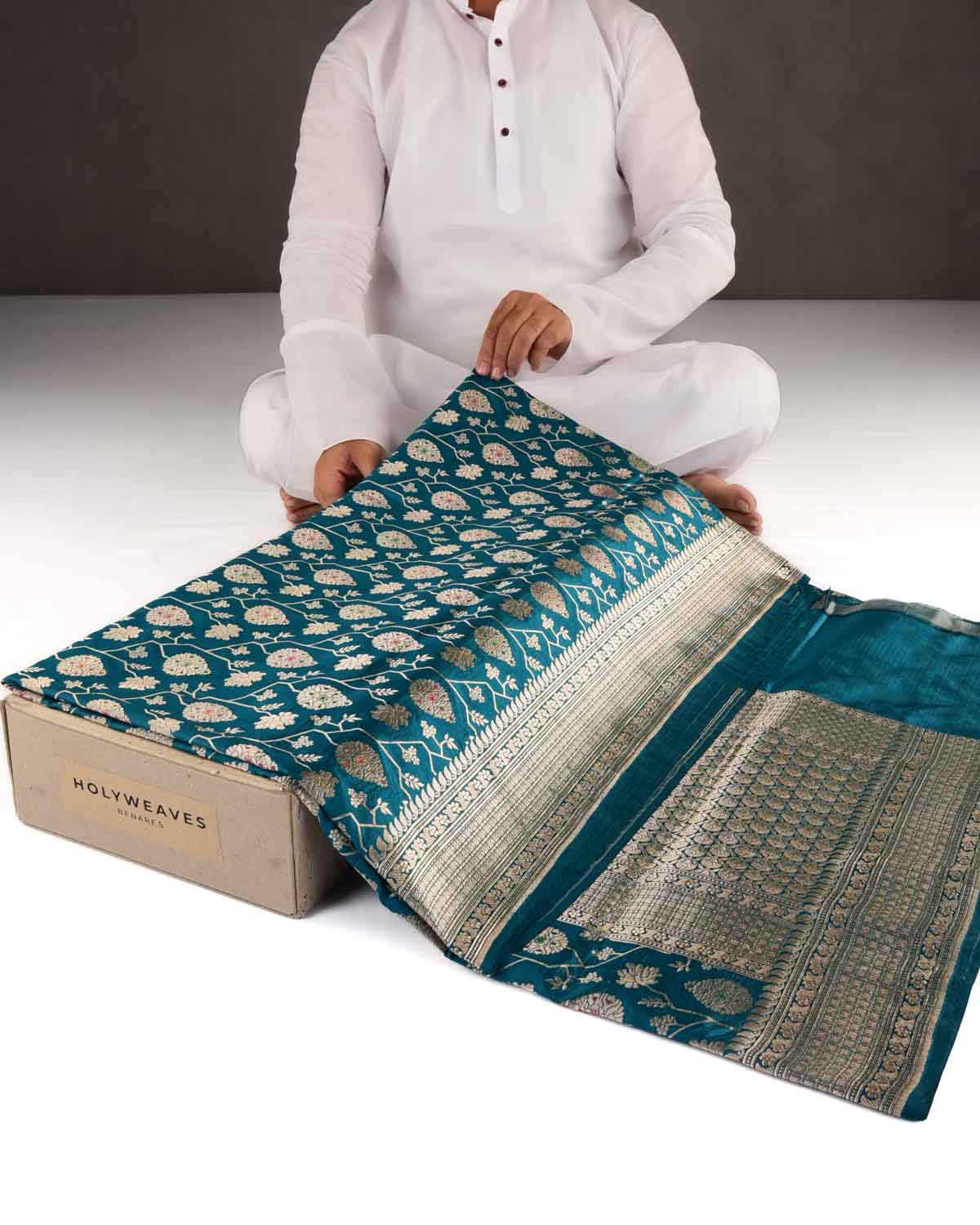 Shot Teal Blue Gold Zari And Meena Mughal Damask Cutwork Brocade Handwoven Katan Silk Banarasi Saree-HolyWeaves