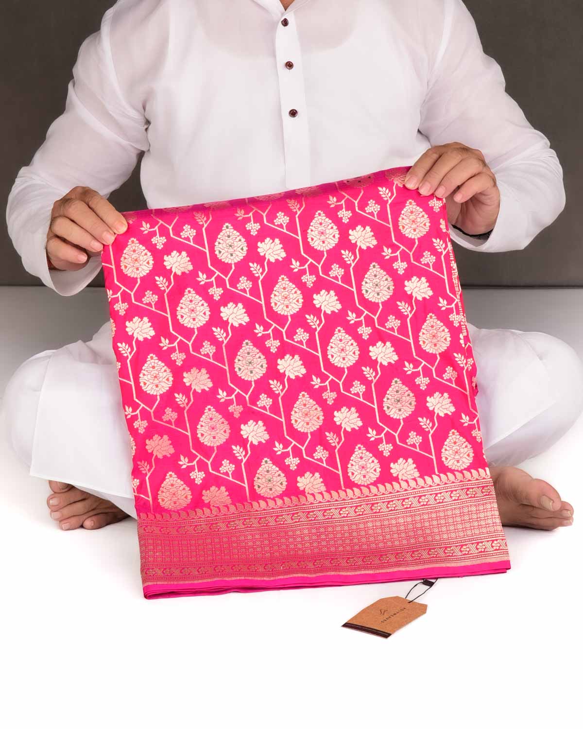 Rani Pink Gold Zari And Meena Mughal Damask Cutwork Brocade Handwoven Katan Silk Banarasi Saree-HolyWeaves