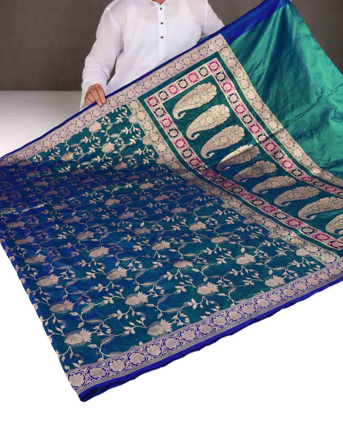Shot Blue-Green Gold Zari Jaal Cutwork Brocade Handwoven Katan Silk Banarasi Half-&-Half Saree-HolyWeaves