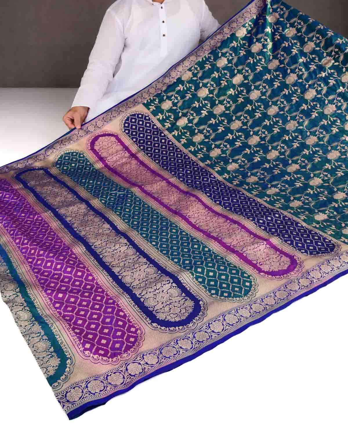 Shot Blue-Green Gold Zari Jaal Cutwork Brocade Handwoven Katan Silk Banarasi Half-&-Half Saree-HolyWeaves