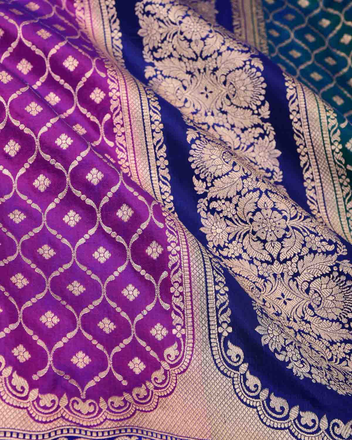 Shot Blue-Green Gold Zari Jaal Cutwork Brocade Handwoven Katan Silk Banarasi Half-&-Half Saree-HolyWeaves