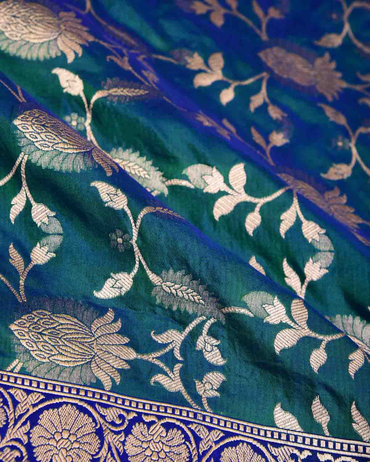 Shot Blue-Green Gold Zari Jaal Cutwork Brocade Handwoven Katan Silk Banarasi Half-&-Half Saree-HolyWeaves